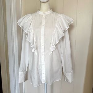Zara Elegant White Ruffle Blouse | Button Down | Long Sleeve | NWT Medium